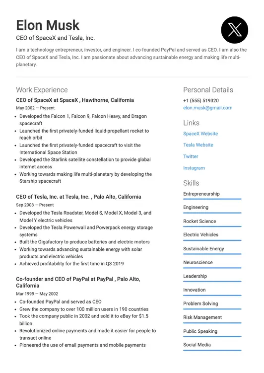 Resume Example of Elon Musk App screenshot
